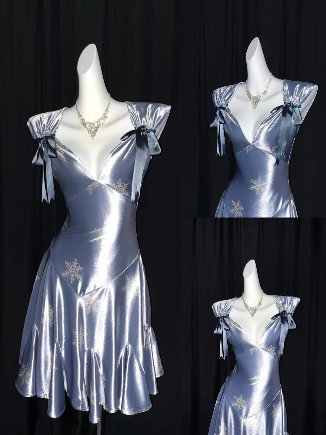 Misty Silver Blue Snowflake V-Neck Vintage Ruffle Dress F0273