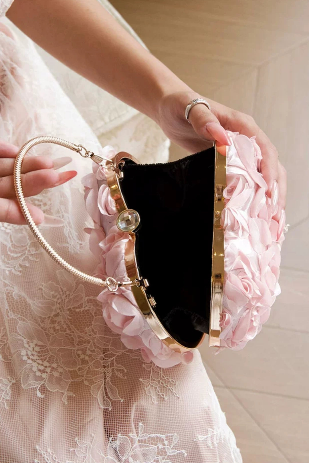 3D Rose Flower Heart Evening Clutch, Satin Floral Handbag with Chain B005