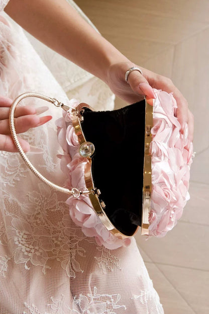 3D Rose Flower Heart Evening Clutch, Satin Floral Handbag with Chain B005