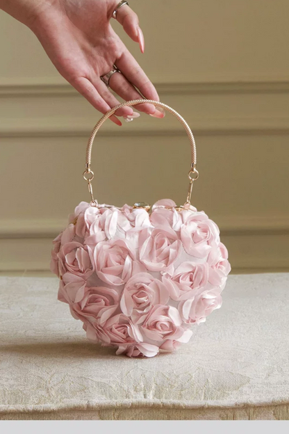 3D Rose Flower Heart Evening Clutch, Satin Floral Handbag with Chain B005