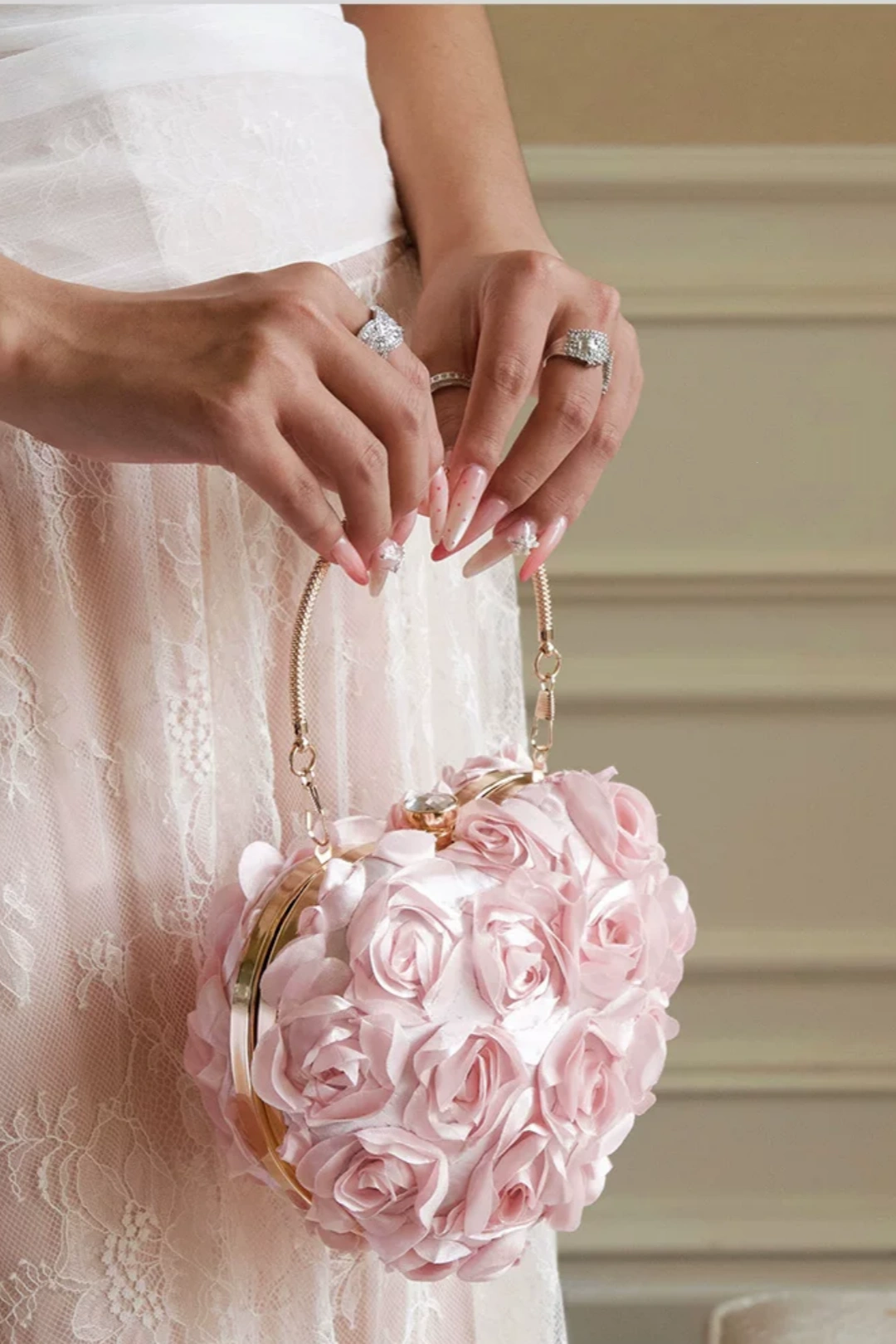 3D Rose Flower Heart Evening Clutch, Satin Floral Handbag with Chain B005