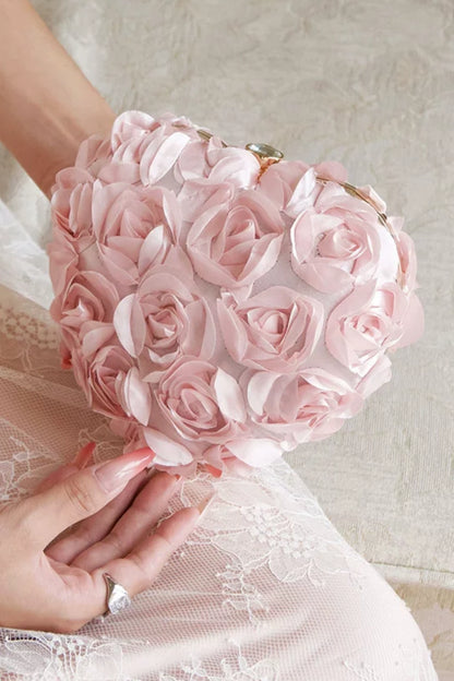 3D Rose Flower Heart Evening Clutch, Satin Floral Handbag with Chain B005