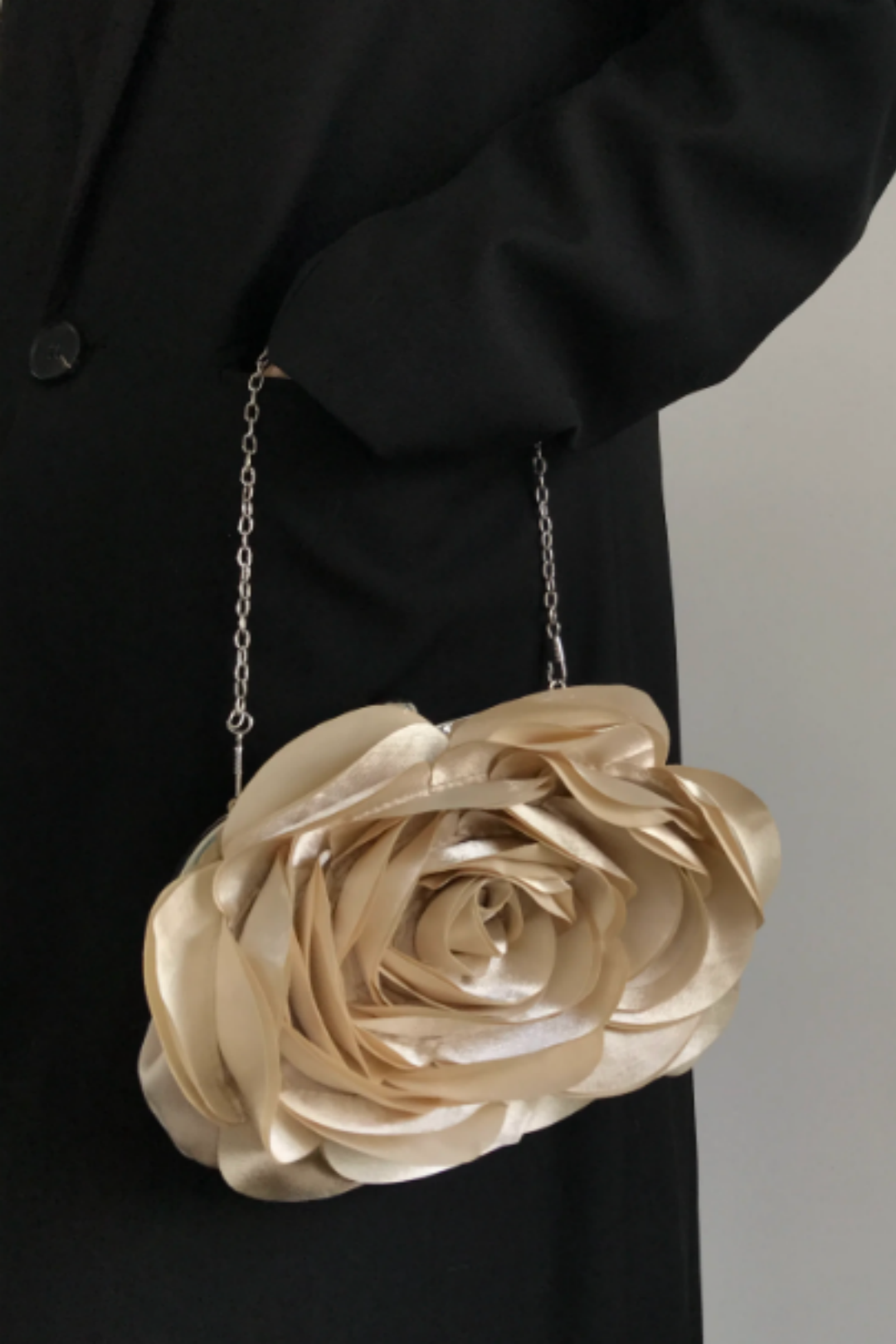 3D Satin Rose Evening Clutch, Chain Strap Floral Party Handbag B008