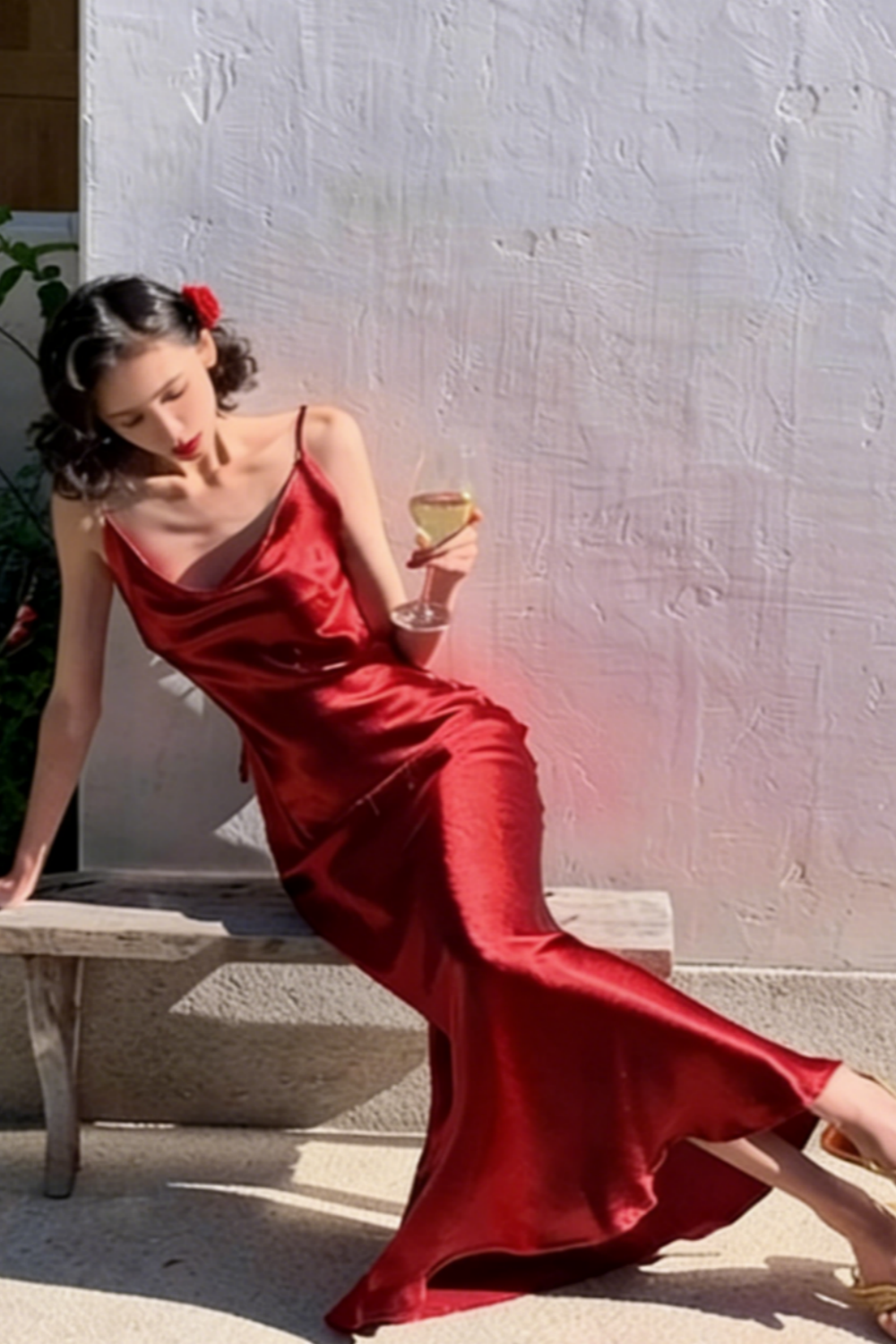 Sexy Deep Red Satin Maxi Dress Spaghetti Strap Backless Design for Cocktail Parties Date Nights FD06