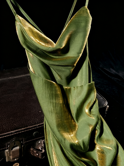 Metallic Satin Cowl Neck Midi Dress Ruched Formal Homecoming Party Gown F0120