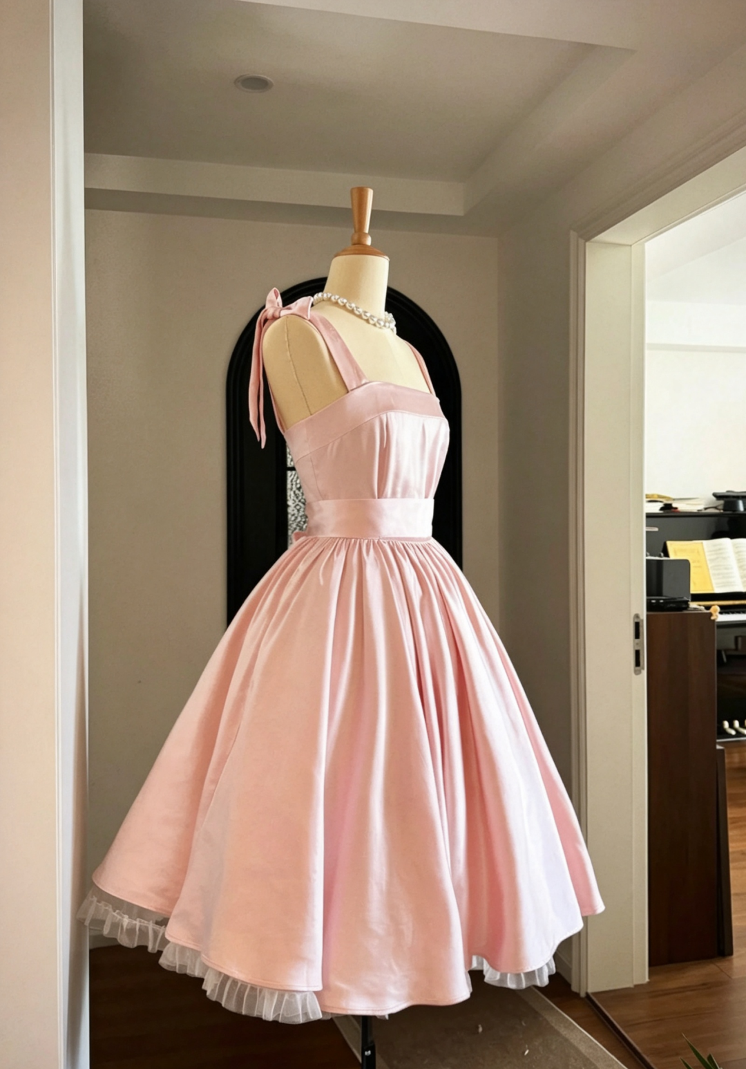 Olive Green Satin Retro Midi Dress, Bow Strap Vintage Homecoming Dress  F0052