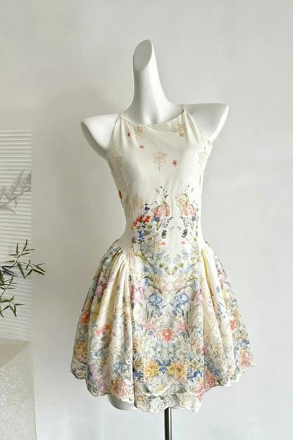 Floral Print Halter Mini Dress Lace Hem A-Line Party Gown F0213
