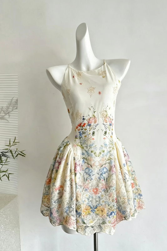 Floral Print Halter Mini Dress Lace Hem A-Line Party Gown F0213
