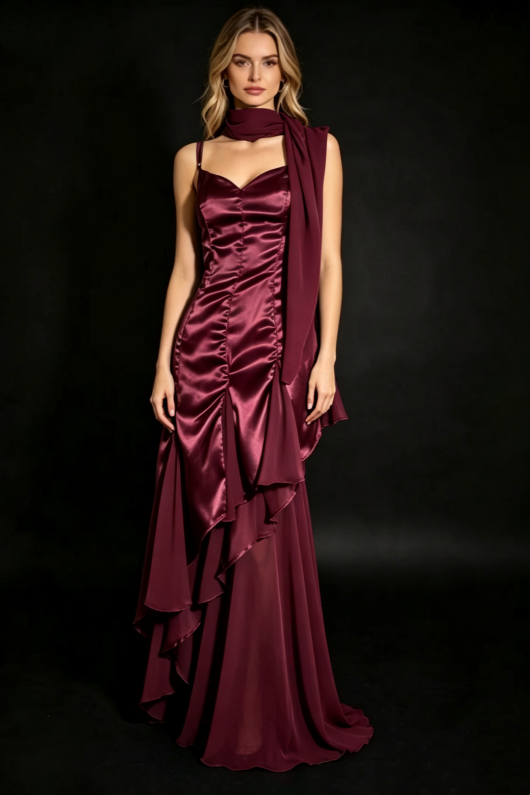 Emerald Green Satin Sweetheart Evening Dress Chiffon Scarf F0226