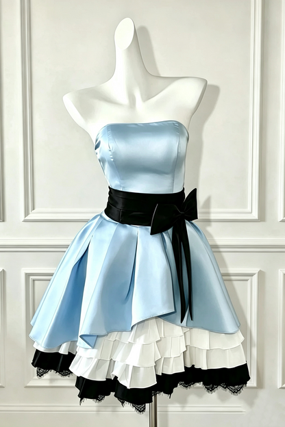 Light Blue Strapless Color Block Mini Homecoming Dress F0278