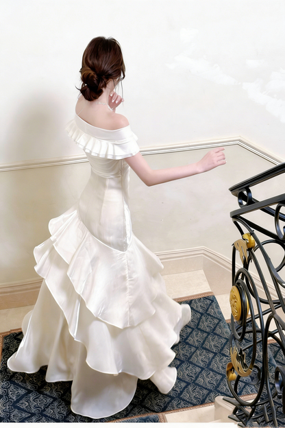 White Long Off-The-Shoulder Prom Dress With Ruffle Details  FD03