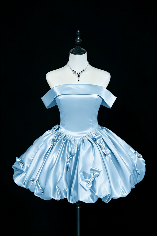 Satin Off-Shoulder Schleifen Bubble-Saum Kurzes Ballkleid, Vintage Prinzessin Minikleid für Geburtstagsparty Floral015