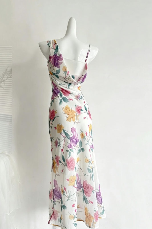 Watercolor Floral Cowl Neck Midi Dress One Spaghetti Strap Formal Gown F0210