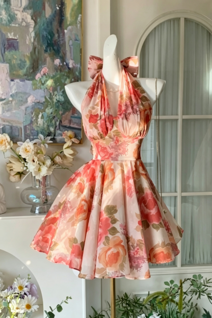Floral Print Halter Short Dress Back Bow Cutout Homecoming Party Gown F0117