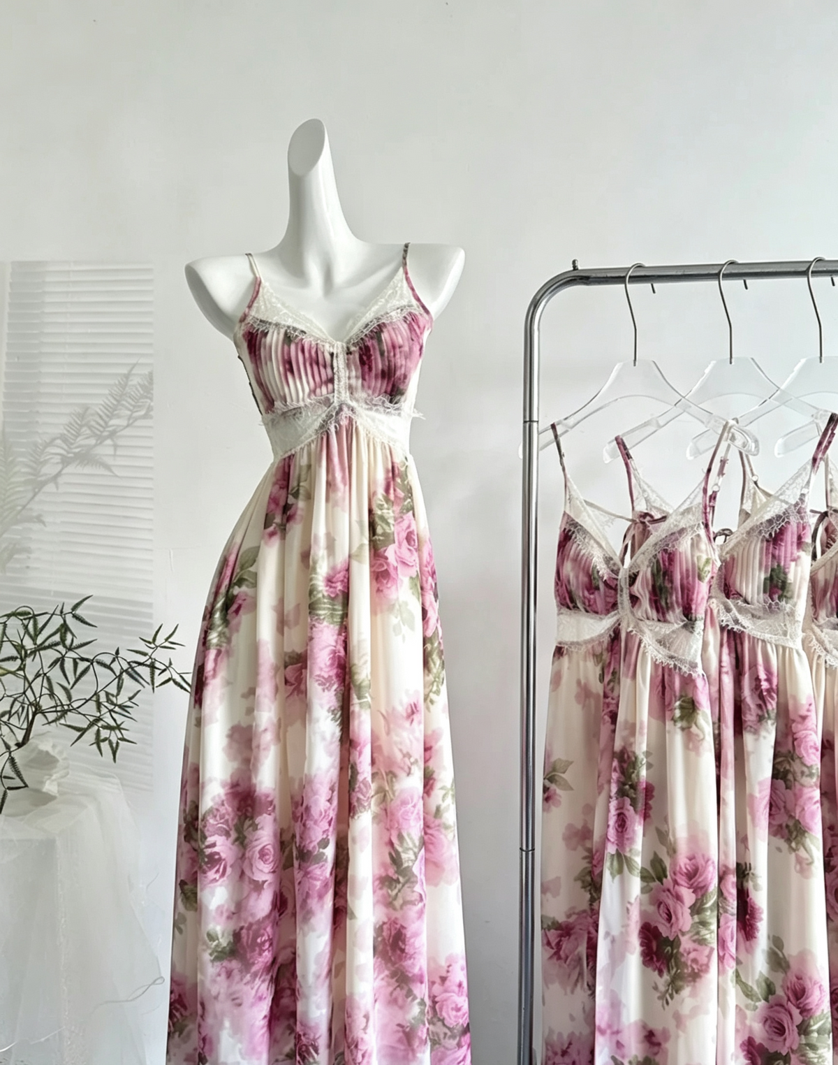 Rose Floral Spaghetti Strap Maxi Dress Lace Back Tie Formal Gown F0209