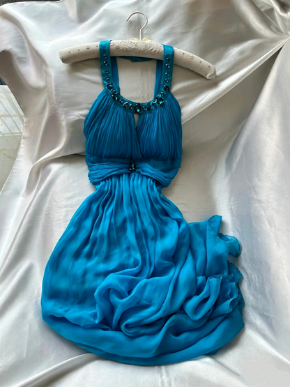 Turquoise Halter Chiffon Cocktail Dress Rhinestone Embellished F0263