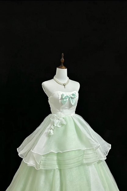 Mintgrünes trägerloses Tüllkleid mit Schleife und Blumenmuster für den Herbst, elegantes Abendkleid F0100