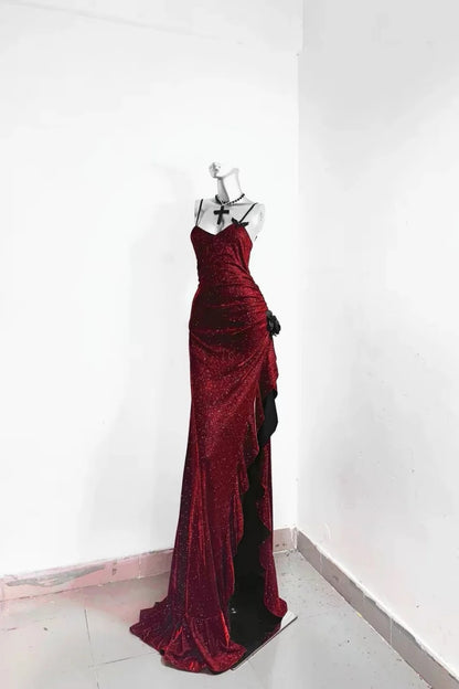 Burgundy Glitter Spaghetti Strap Mermaid Long Prom Dress F0280