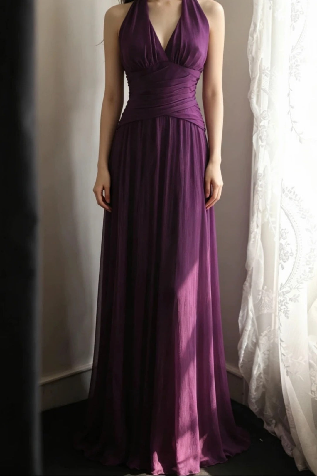 Evening Dress Dark Purple Halter V‑Neck Chiffon Long Formal Party Gown F0068