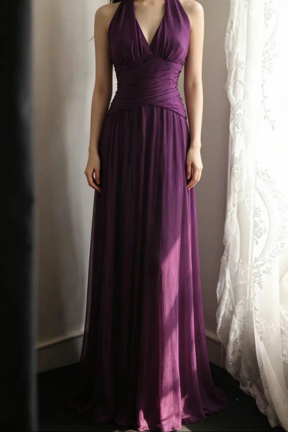 Evening Dress Dark Purple Halter V‑Neck Chiffon Long Formal Party Gown F0068