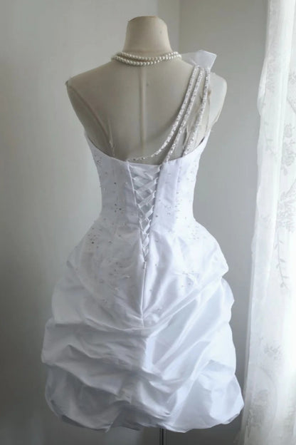 One‑Shoulder Pearl Beaded Mini Dress Ruched Bubble Vintage Court Party Gown F0130