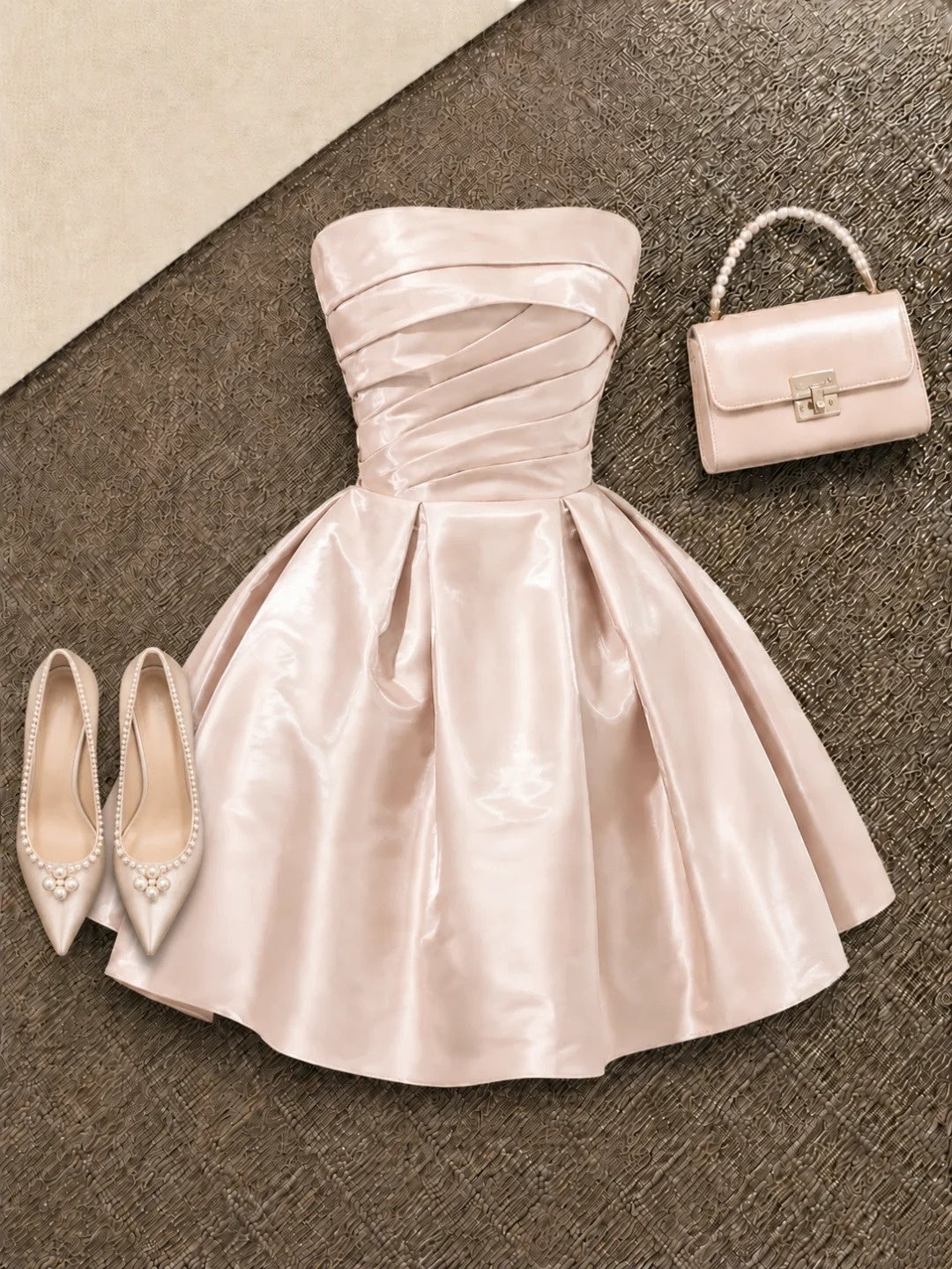 Strapless Satin Mini Homecoming Dress, Pleated Bodice A‑Line Cocktail Party Gown F0127