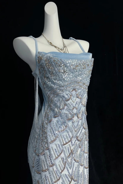 Beaded Fringe Midi Dress Spaghetti Strap Formal Gown F0202