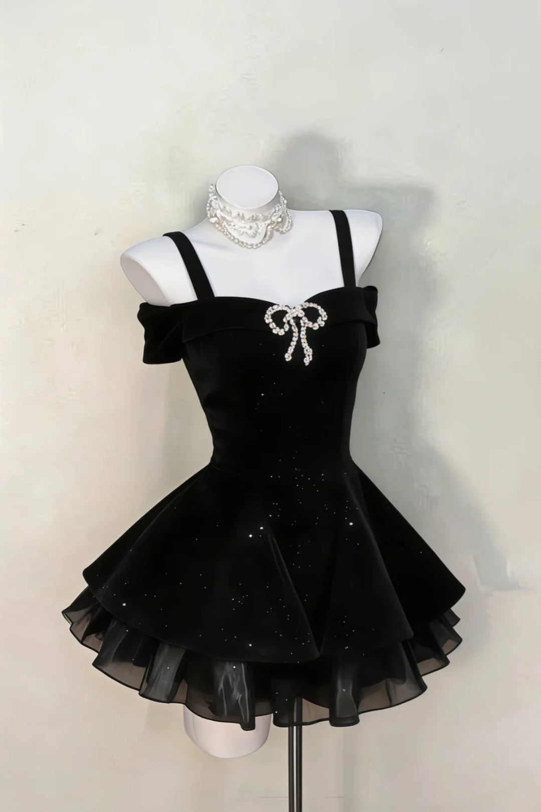 Black Off Shoulder Mini Dress Rhinestone Bow Glitter Tulle Dress F0239