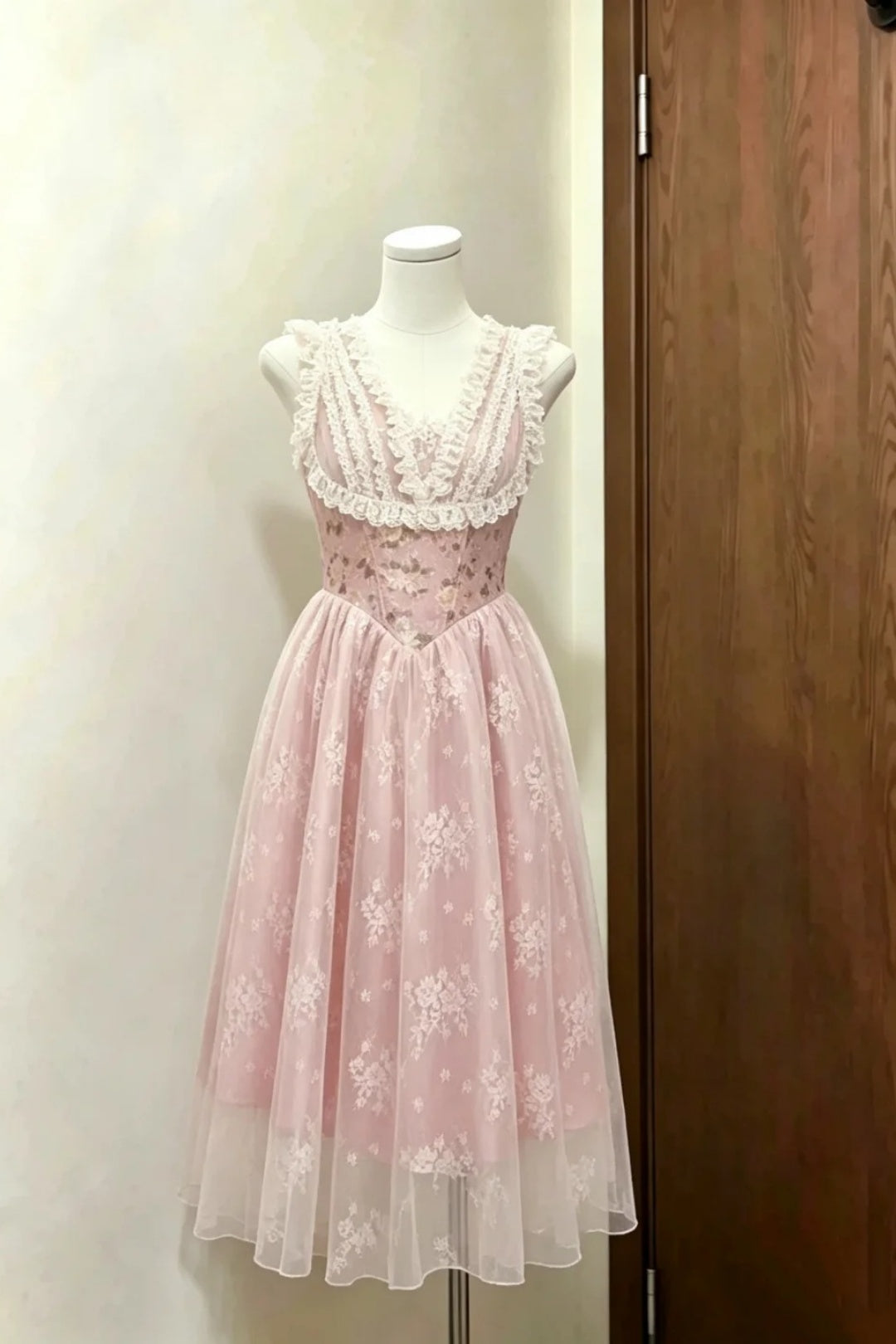 Dusty Pink Lace Midi Dress Ruffle V Neck Floral Tulle Dress F0242