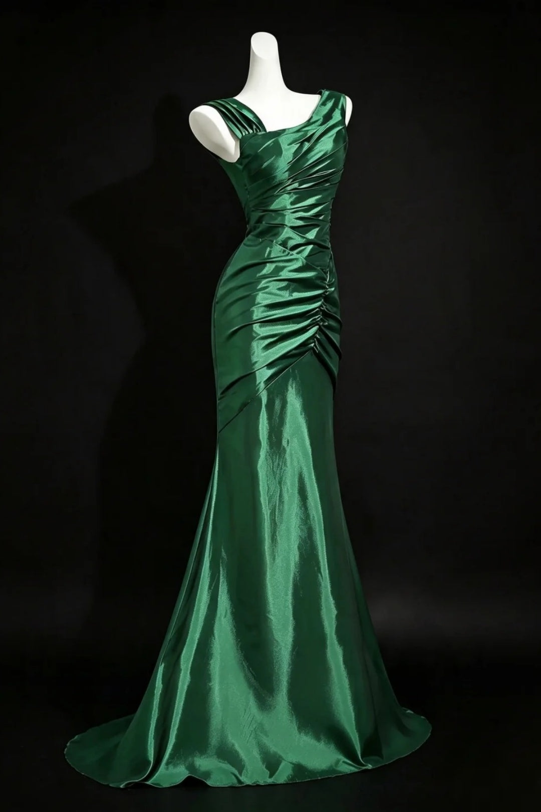Green Asymmetrical Satin Mermaid Prom Dress Ruched Corset Back Formal Evening Dress F0164