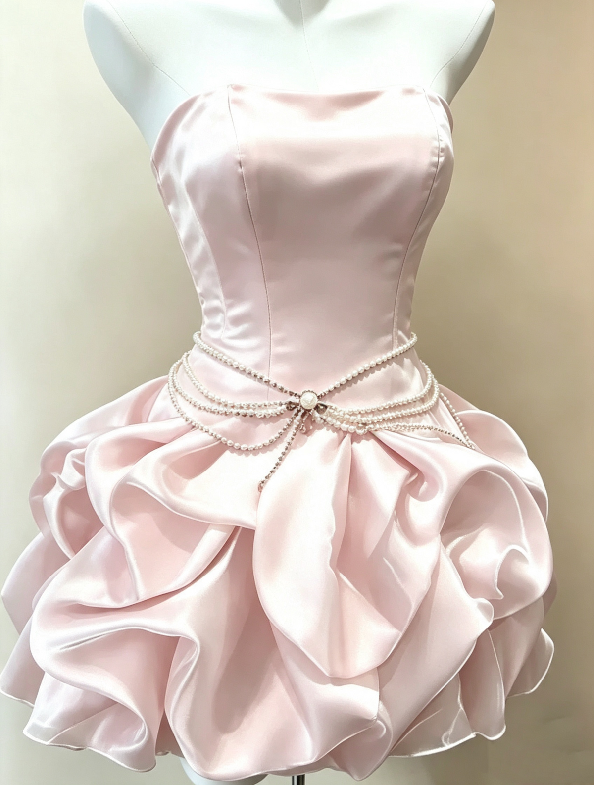 Strapless Pearl Sash Ruffle Short Homecoming Dress Lace‑Up Back Party Gown F0034