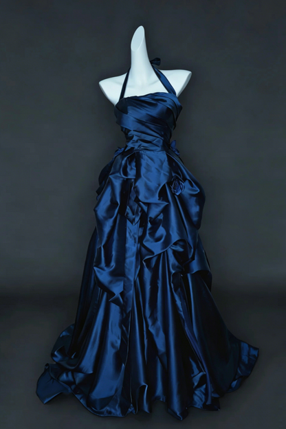 Marineblaues Satin-Neckholder-Ballkleid Abschlussballkleider Abendkleider Formelle Kleider Abschlusskleid Floral030