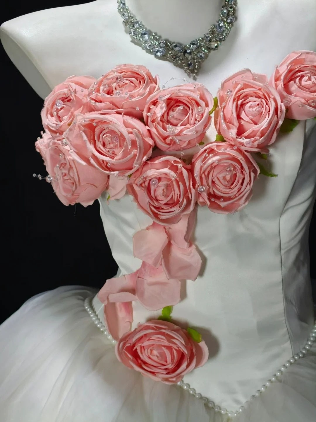 White Strapless Short Tulle Dress Pink 3D Rose Pearl F0228