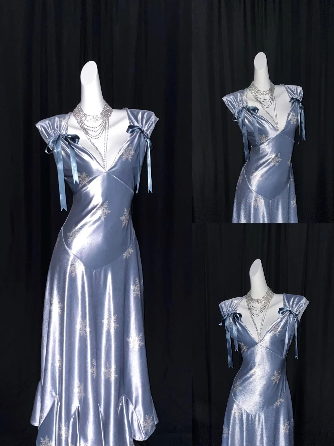 Misty Silver Blue Snowflake V-Neck Vintage Ruffle Dress F0273