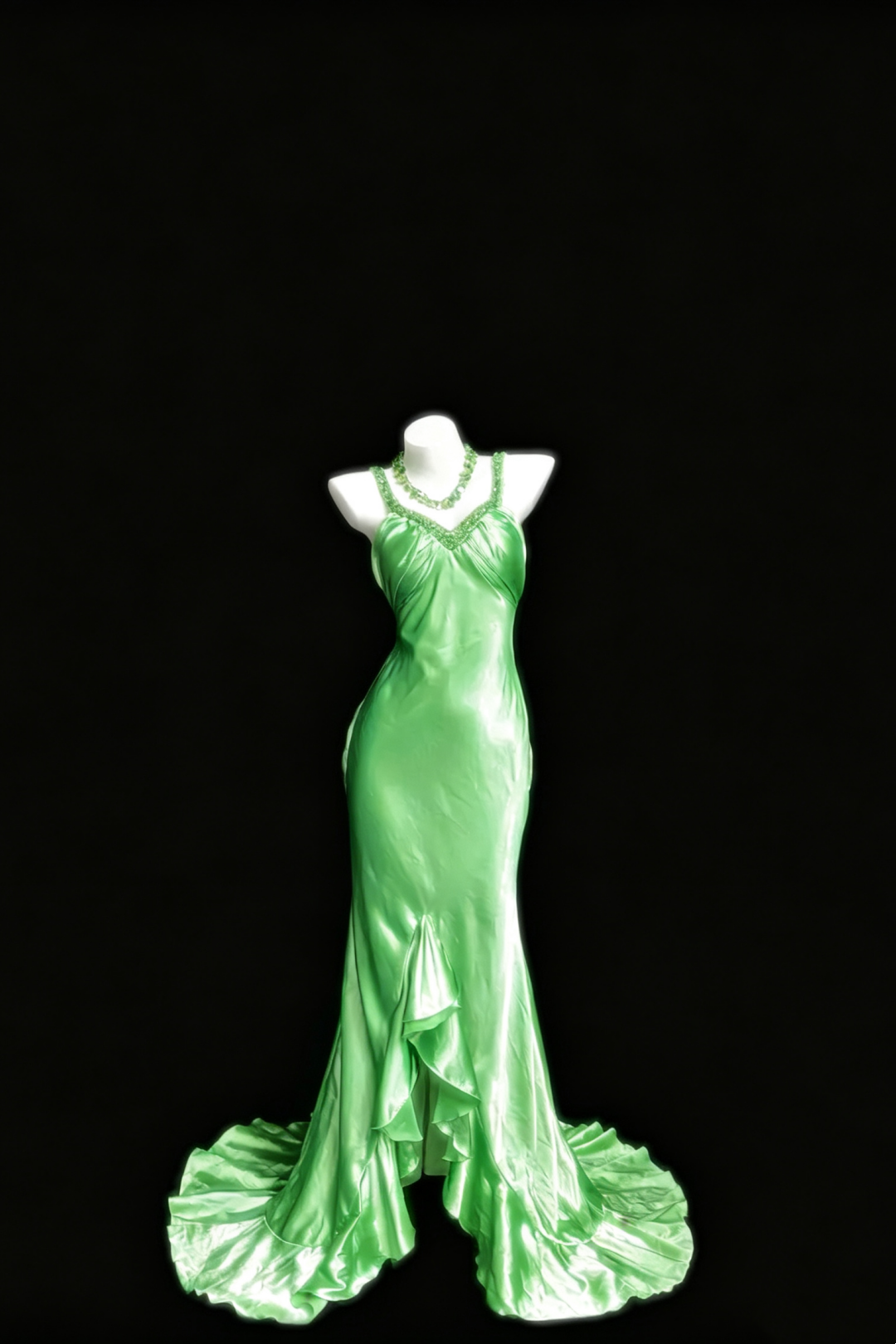 Spring Green Beaded Strap Mermaid Prom Dress Deep V‑Back Satin Evening Gown F0161