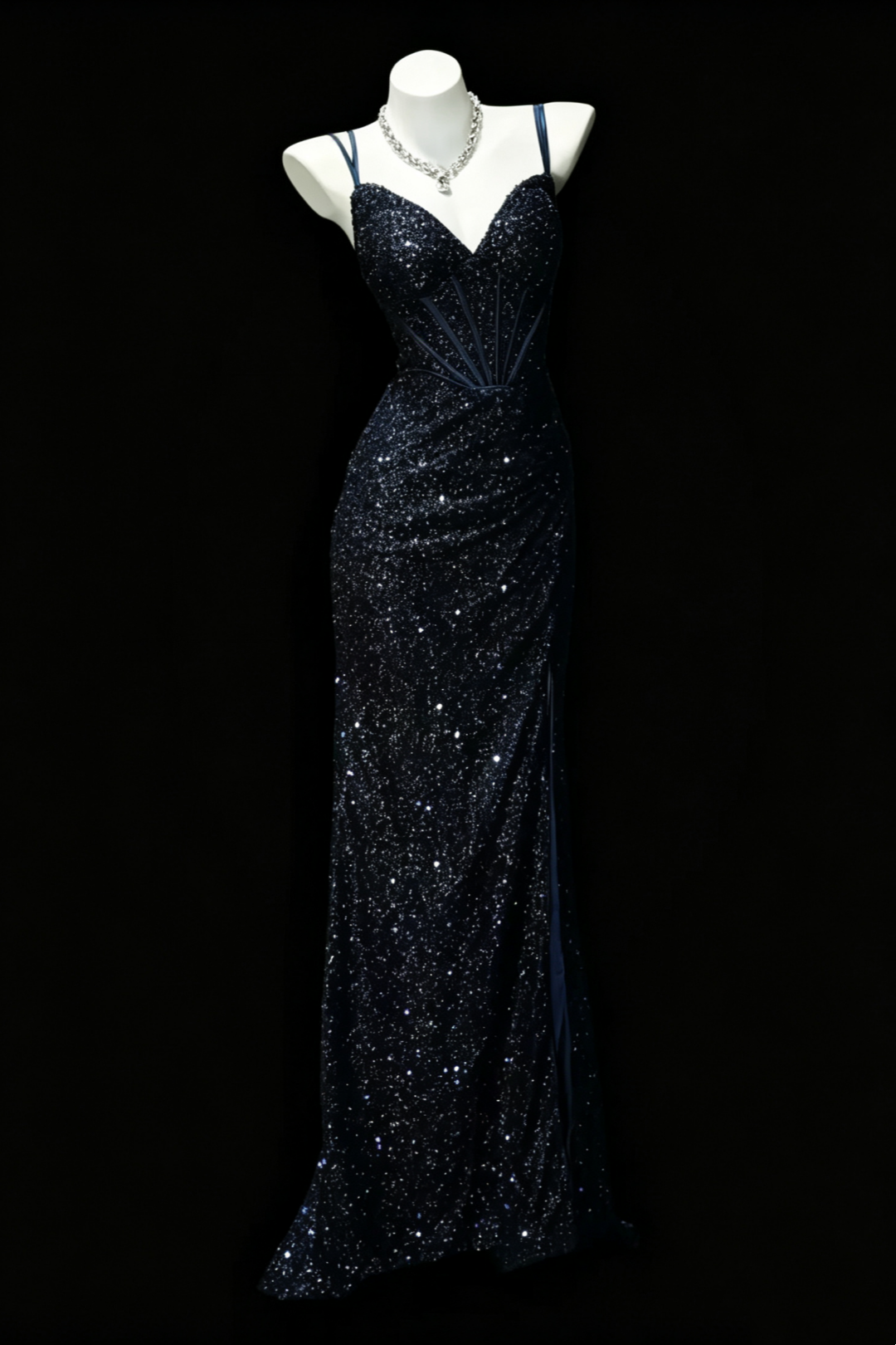 Glitzerndes Meerjungfrauen-Abendkleid mit V-Ausschnitt und Schlitz F0165