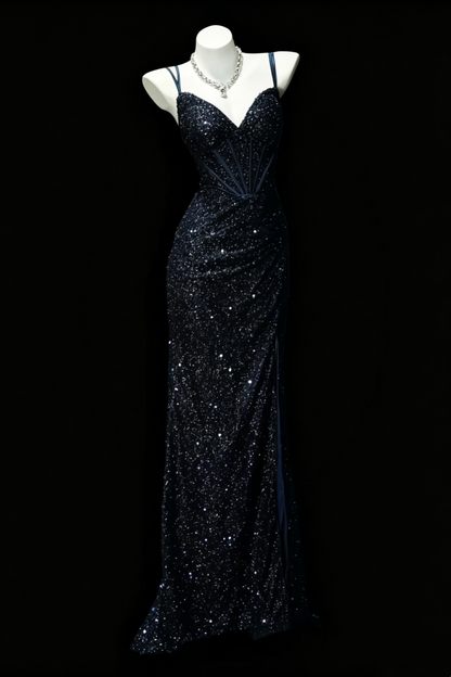 Glitzerndes Meerjungfrauen-Abendkleid mit V-Ausschnitt und Schlitz F0165