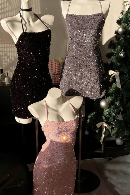 Glitzerndes Pailletten-Neckholder-Geburtstagskleid, Pailletten-Minikleid, rückenfreies, sexy kurzes Partykleid 007