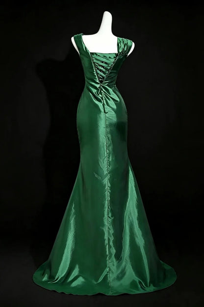 Green Asymmetrical Satin Mermaid Prom Dress Ruched Corset Back Formal Evening Dress F0164