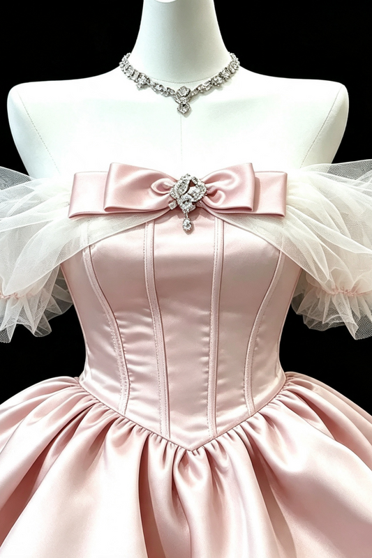 Pinkes schulterfreies, kurzes Satinkleid, Sweet 16 Kleid mit Schleife und Kristallen F009