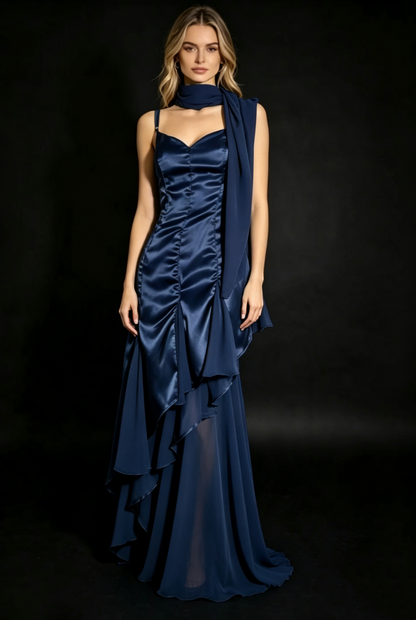 Emerald Green Satin Sweetheart Evening Dress Chiffon Scarf F0226