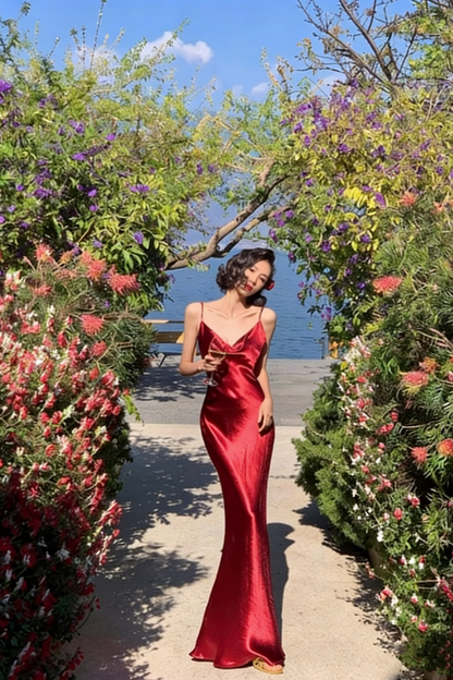 Sexy Deep Red Satin Maxi Dress Spaghetti Strap Backless Design for Cocktail Parties Date Nights FD06