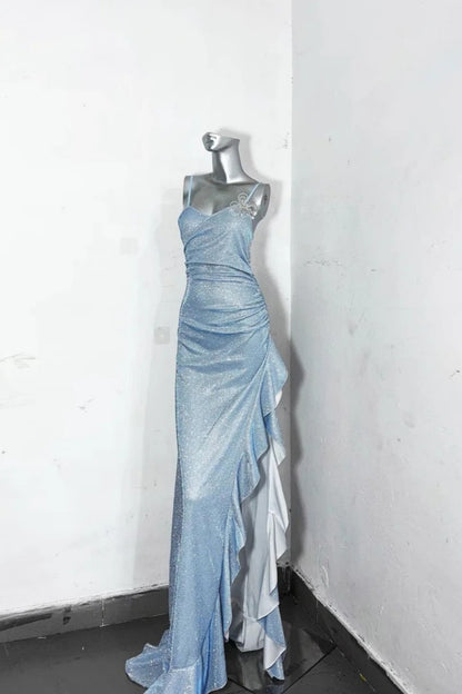 Light Blue Glitter Spaghetti Strap Mermaid Long Prom Dress F0281