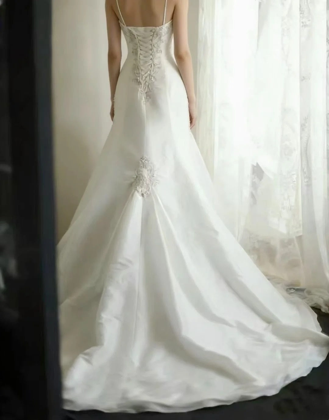 Satin Mermaid Wedding Dress Spaghetti Strap Corset Back Bridal Gown F0170