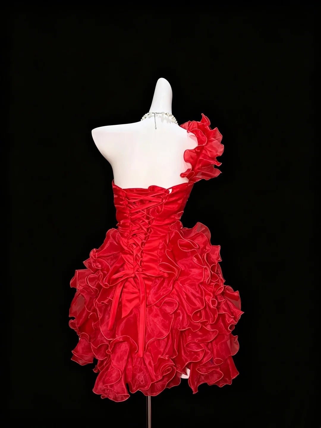 One‑Shoulder Ruffled Red Mini Dress 3D Floral Beaded Homecoming Prom Gown F0131