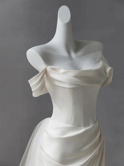 Ivory Off Shoulder Satin Wedding Dress Draped Mermaid Gown  F0247