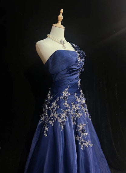 Navy One Shoulder 3D Floral Appliqué A-Line Formal Evening Dress F0196