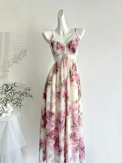 Rose Floral Spaghetti Strap Maxi Dress Lace Back Tie Formal Gown F0209
