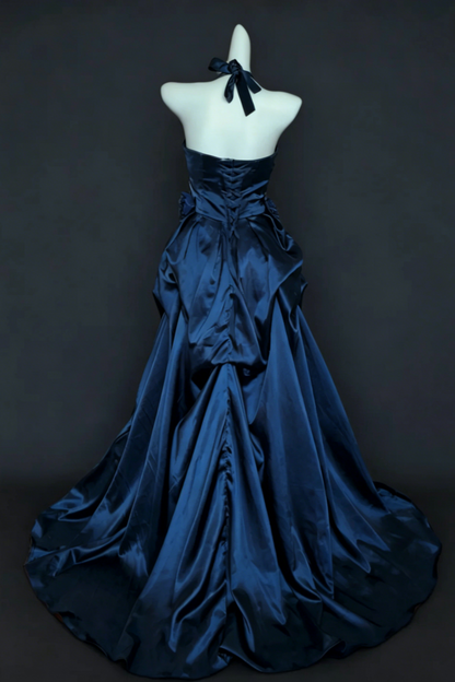 Marineblaues Satin-Neckholder-Ballkleid Abschlussballkleider Abendkleider Formelle Kleider Abschlusskleid Floral030