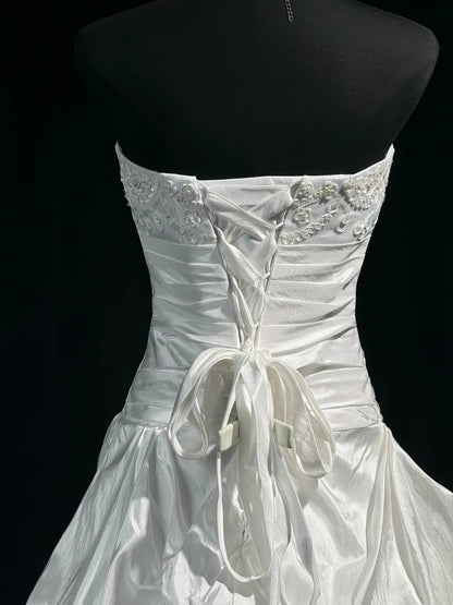 Strapless Lace Beaded Short Wedding Dress, Corset Lace‑Up Back Satin Bridal Gown F0129